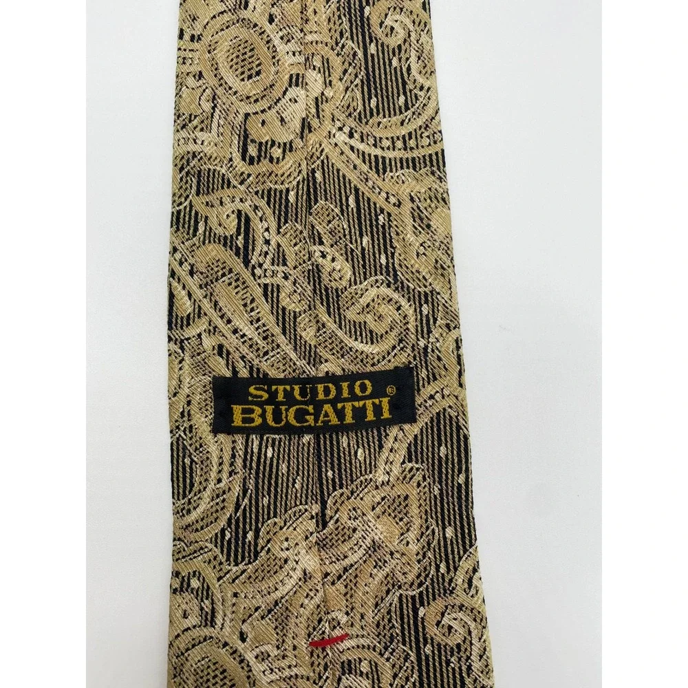 Studio Bugatti Mens Gold Black Paisley Striped 100% Italian Silk Tie Made in USA